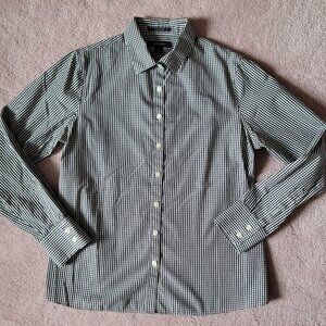 Lands' End No Iron Supima Cotton Button Up Shirt Black White Gingham Plaid 6P